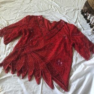 Vintage Silk Beaded Gormal Vneck Blouse Artisan M